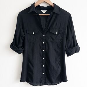 Sheer Black Button Up Ribbed Sides Stretch Corporate Goth Max Studio Women’s L